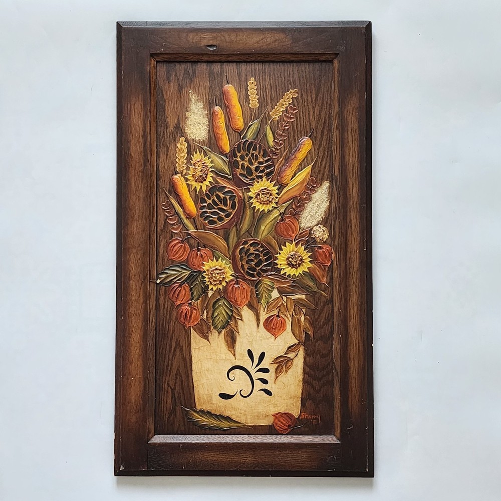 Vintage Mid-Century 3D Wall Art Autumn Floral Arrangement Signed Fall Decor Wood