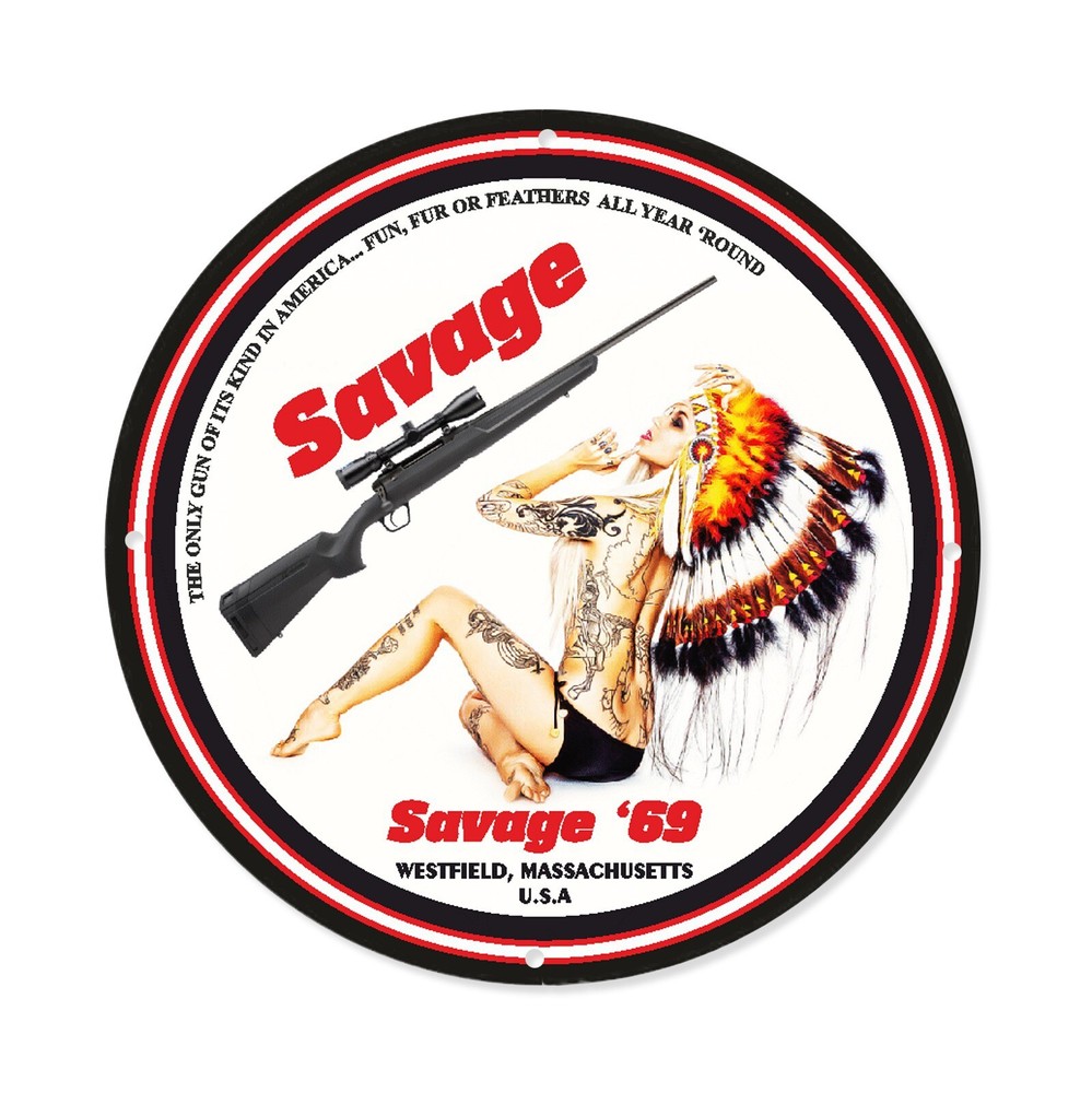 VINTAGE SAVAGE ARMS GUNS RIFLES SNIPERS PISTOLS PINUP GIRL PORCELAIN ENAMEL SIGN