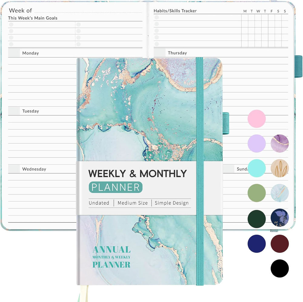 Weekly Planner 2025 A5 Teal Marble Organizer Journal for Goals & Tasks