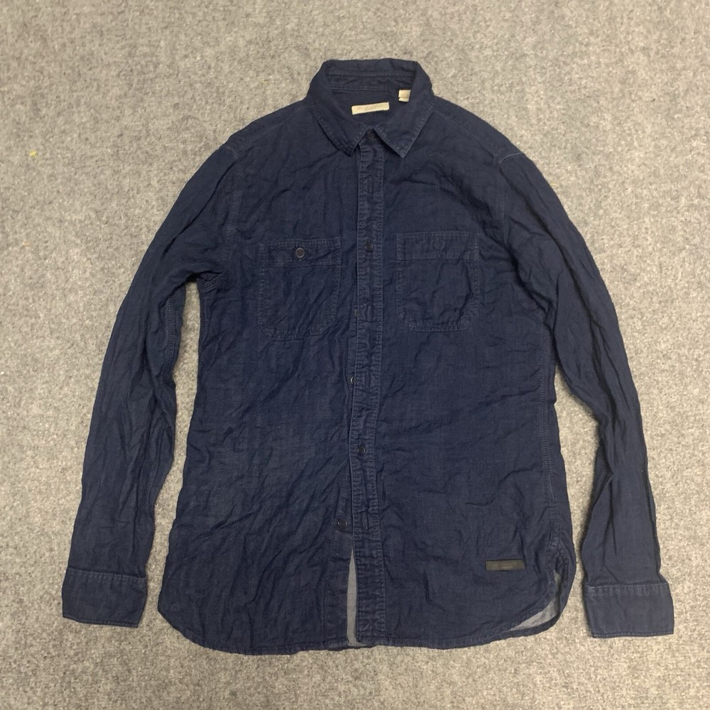 Men’s Authentic Burberry Brit Shirt Size Small Dark Blue  Leather Patch Long Slv