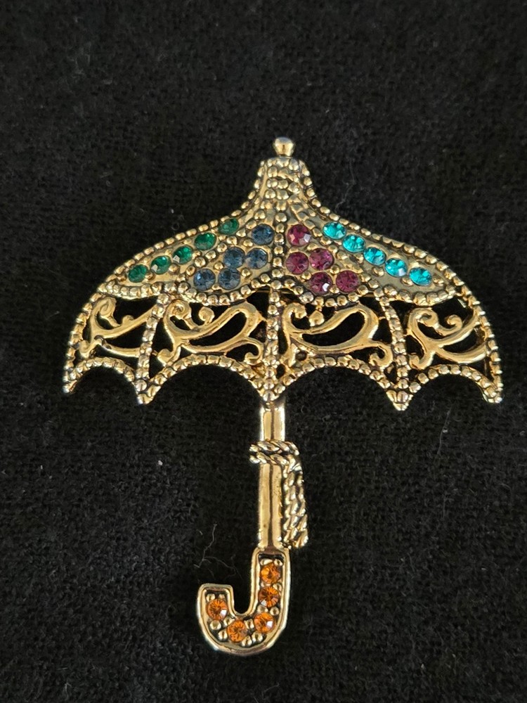 Vintage Costume Jewelry Rhinestone Umbrella Brooch Pin Gold Tone
