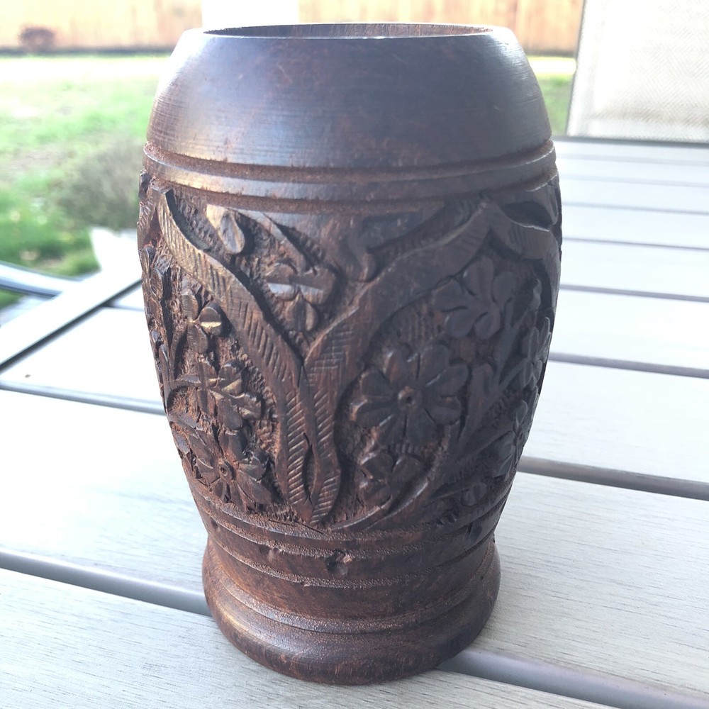 Handcrafted Carved Wood Floral 5” Vase Cup