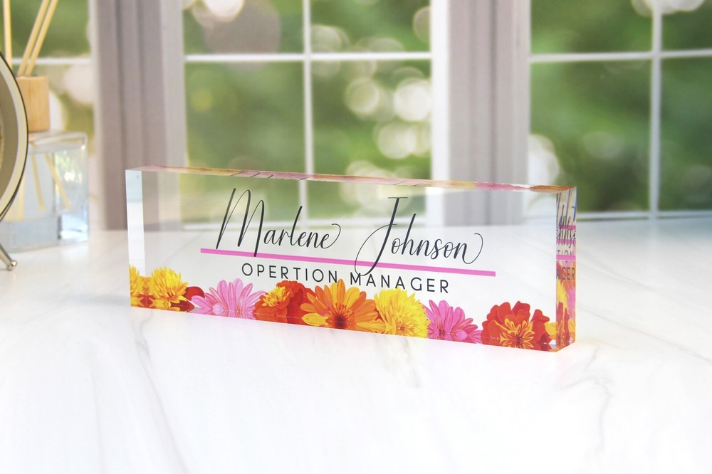 Personalized Clear Acrylic Desk Name Plate with Floral Design CAB03FW-image