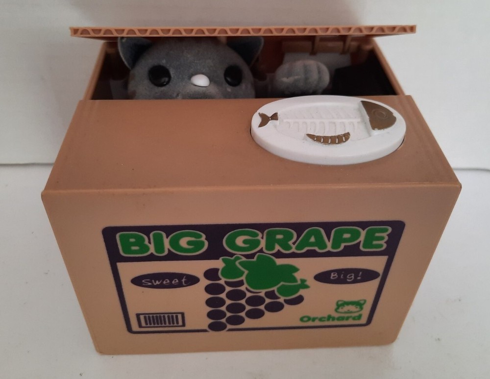 Money Bank Automated Gray Cat Thief Coin Box Big Grape Box Orchard piggy Bank-image