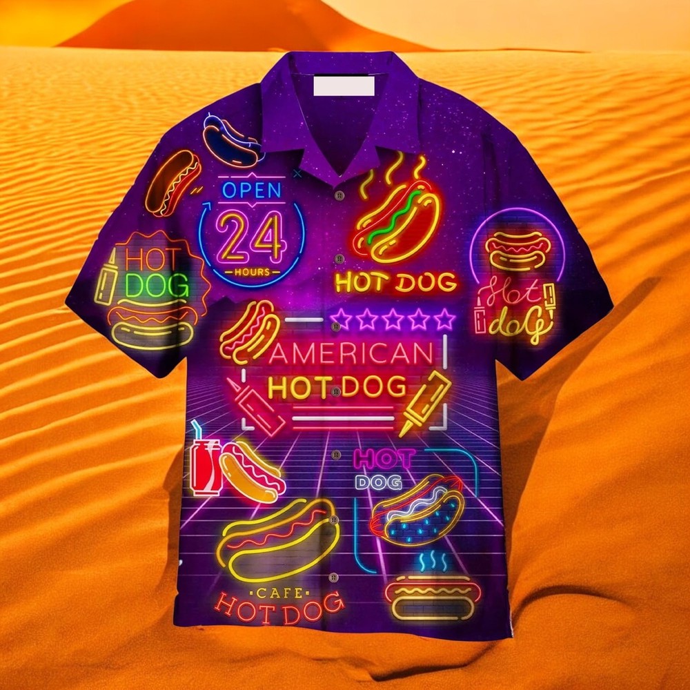 Neon American Hot Dogs Hawaiian Shirt Short Sleeve Summer Beach S-5XL
