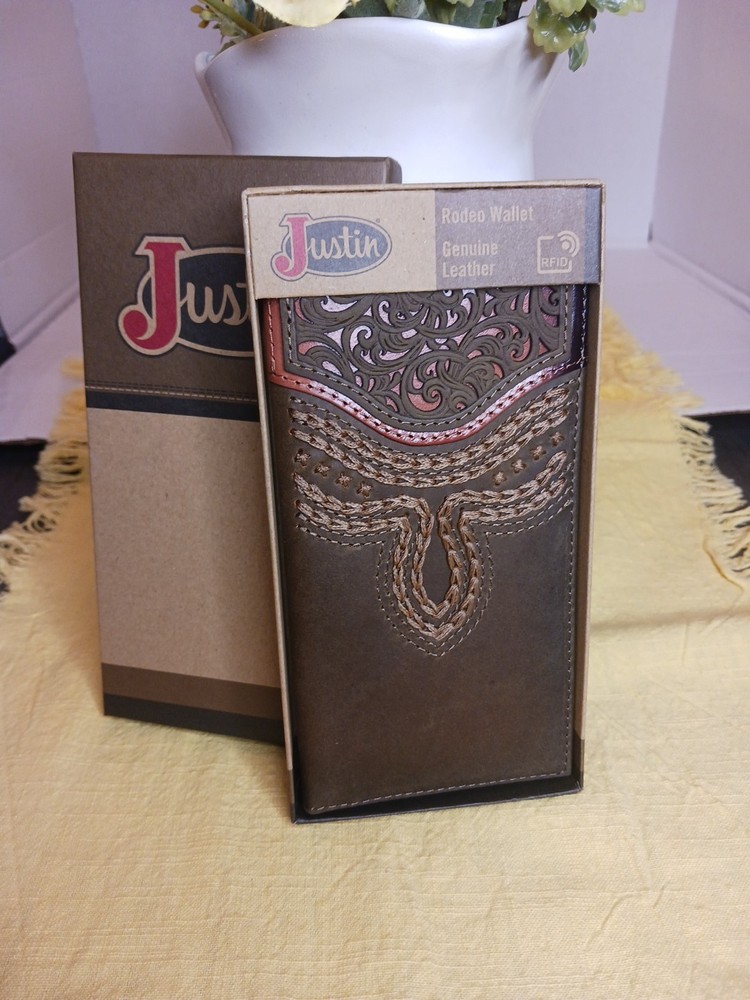Justin Boots Mens RFID Rodeo Wallet Brown Leather Bifold Western New