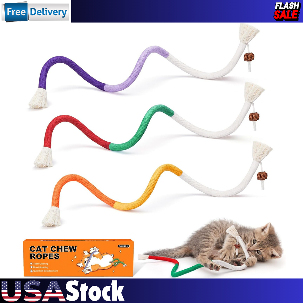 Cat Toys Chew Ropes 3Pcs with Refillable Natural Catnip, Safe Teeth Cleaning
