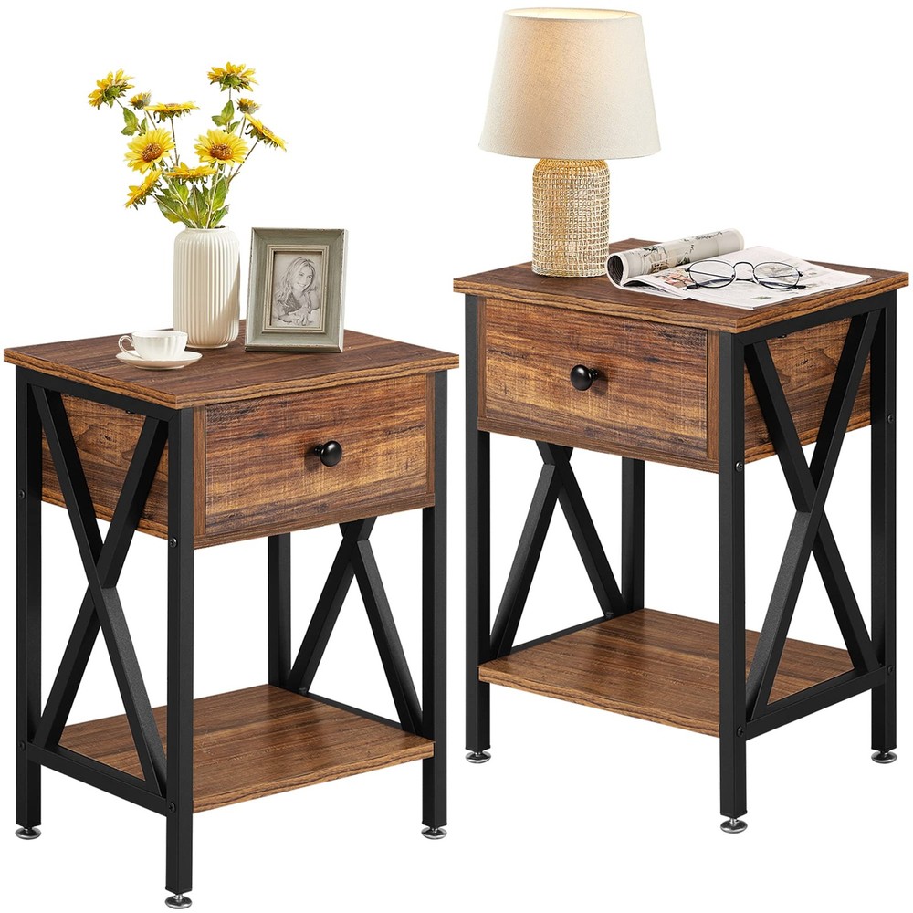 Modern Nightstand Set of 2 with Drawer and Shelf, Bedside End Tables for Bedroom