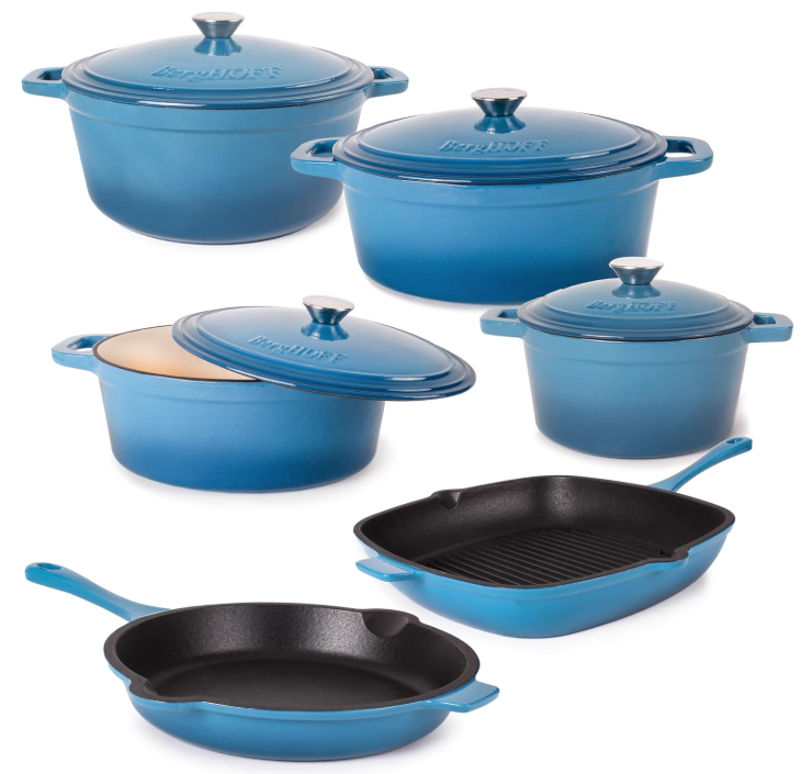 BergHOFF 10Pc Neo Enameled Cast Iron Cookware Set, Matching Lid, Oven Safe, Blue