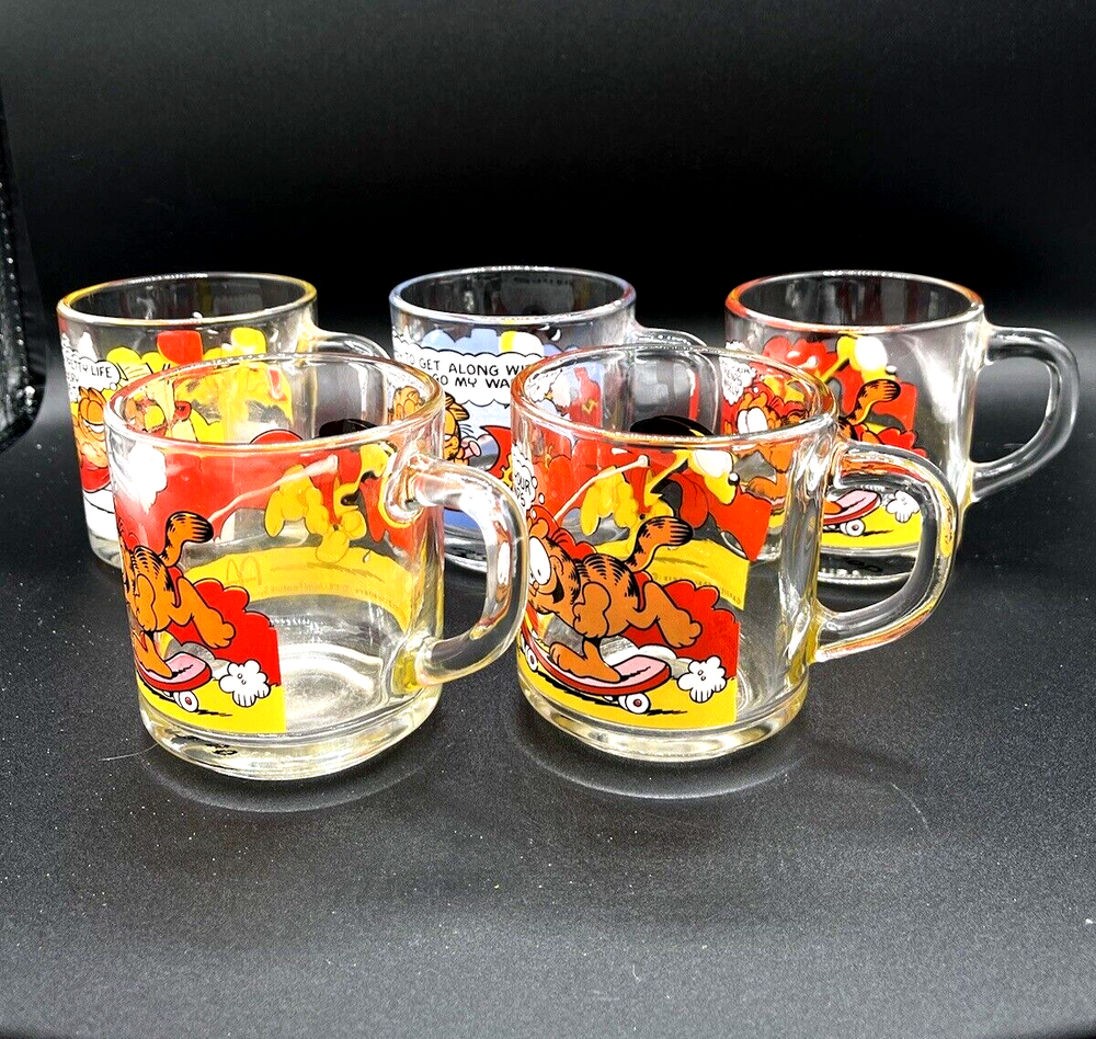 Vintage 1978 Garfield McDonalds Glass Coffee Mugs Set of 5 Jim Davis Comic Strip