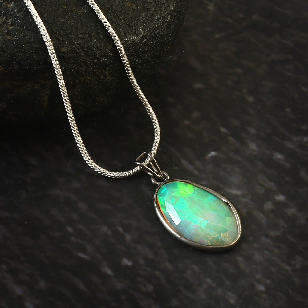 Natural Fire Ethiopian Opal Pendant Sterling Oval Opal Necklace Pendant Gift 233