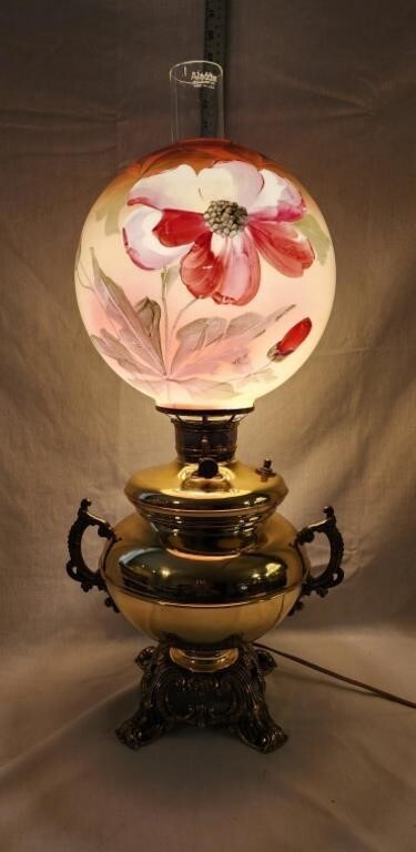 Antique Gone With The Wind electrified oil parlor lamp hand painted glo red pink
