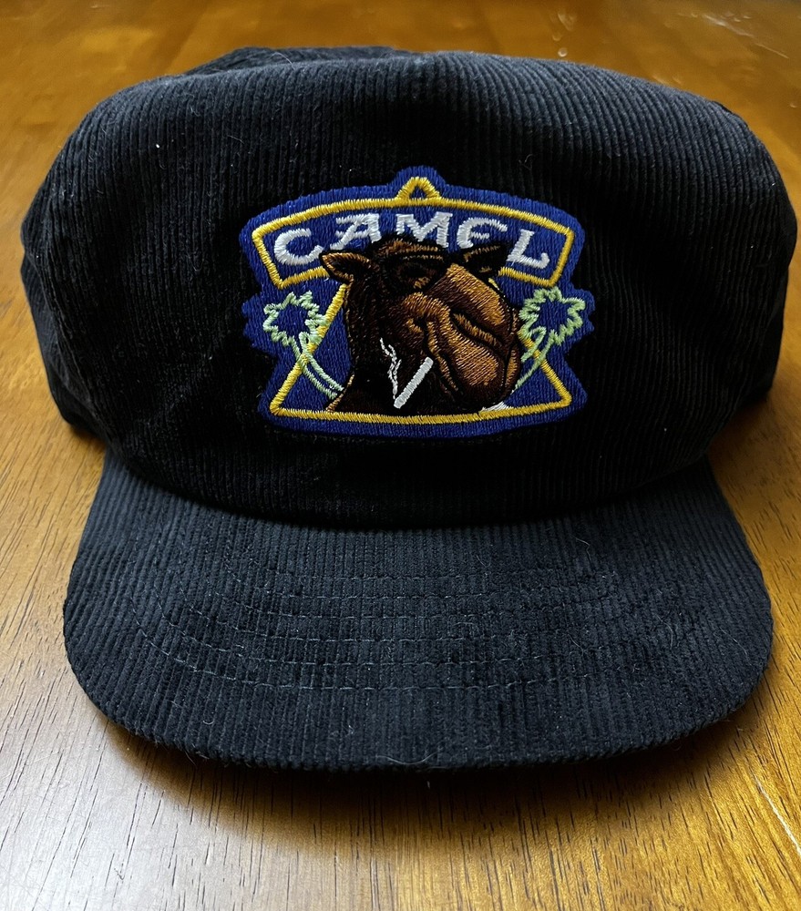 VTG Joe Camel Hat Cap SnapBack Corduroy 90s Spellout Black