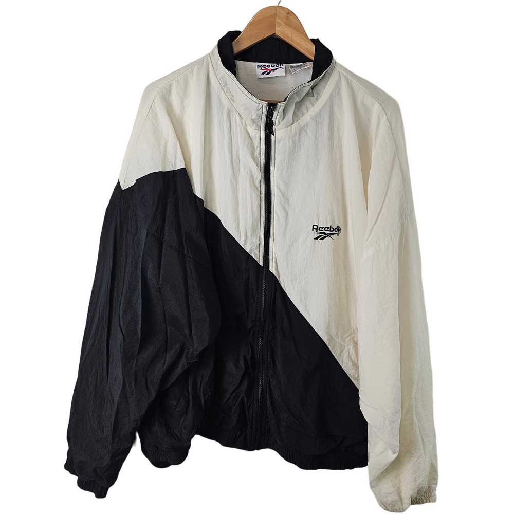Vintage Reebok Windbreaker Mens XL Jacket Black White 90s Streetwear Zip Retro