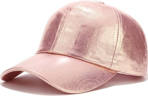 Baseball Cap for Women Men Shiny PU Leather Sun Hats Adjustable Laser Dark Pink