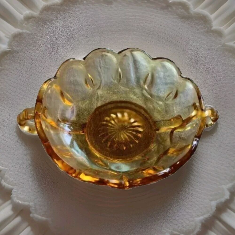 Vintage Amber Fairfield Candy/Trinket Dish W Handles Anchor Hocking Granny