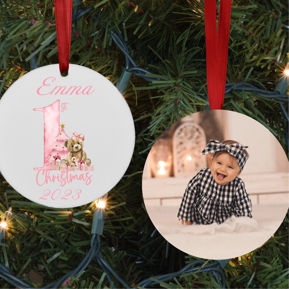 Personalized Pink Bear Baby's First Christmas Photo Ornament-image