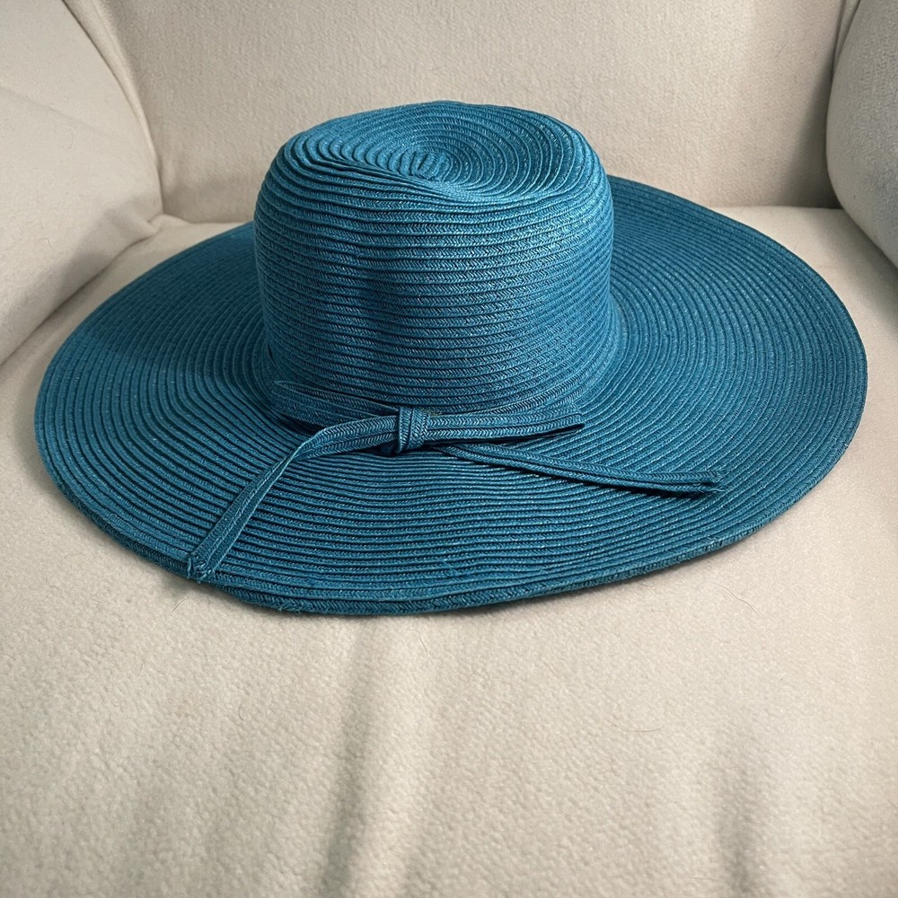 Angela & William Women Paper Straw Floppy Summer Hat Aqua Blue Brim 4.75”