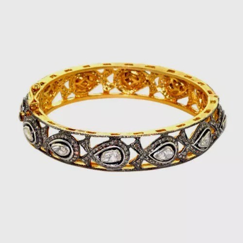 Natural Rosecut Diamond Polki 925 Sterling Silver Wedding Bangle for Women