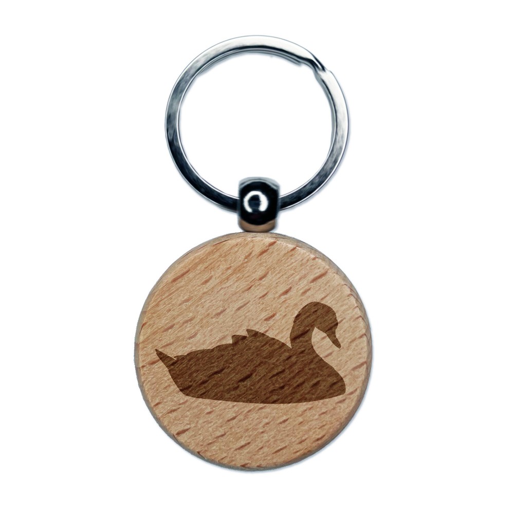 Swan Swimming Solid Engraved Wood Round Keychain Tag Charm