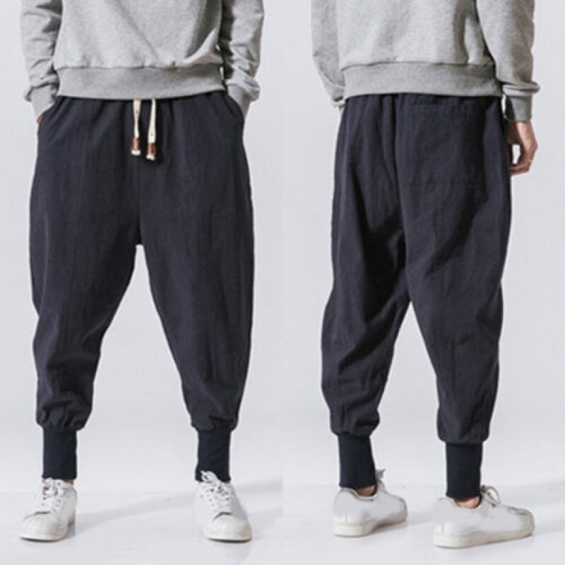 Men's Japanese Cotton Linen Harem Pants Elastic Waist Loose Casual Trousers