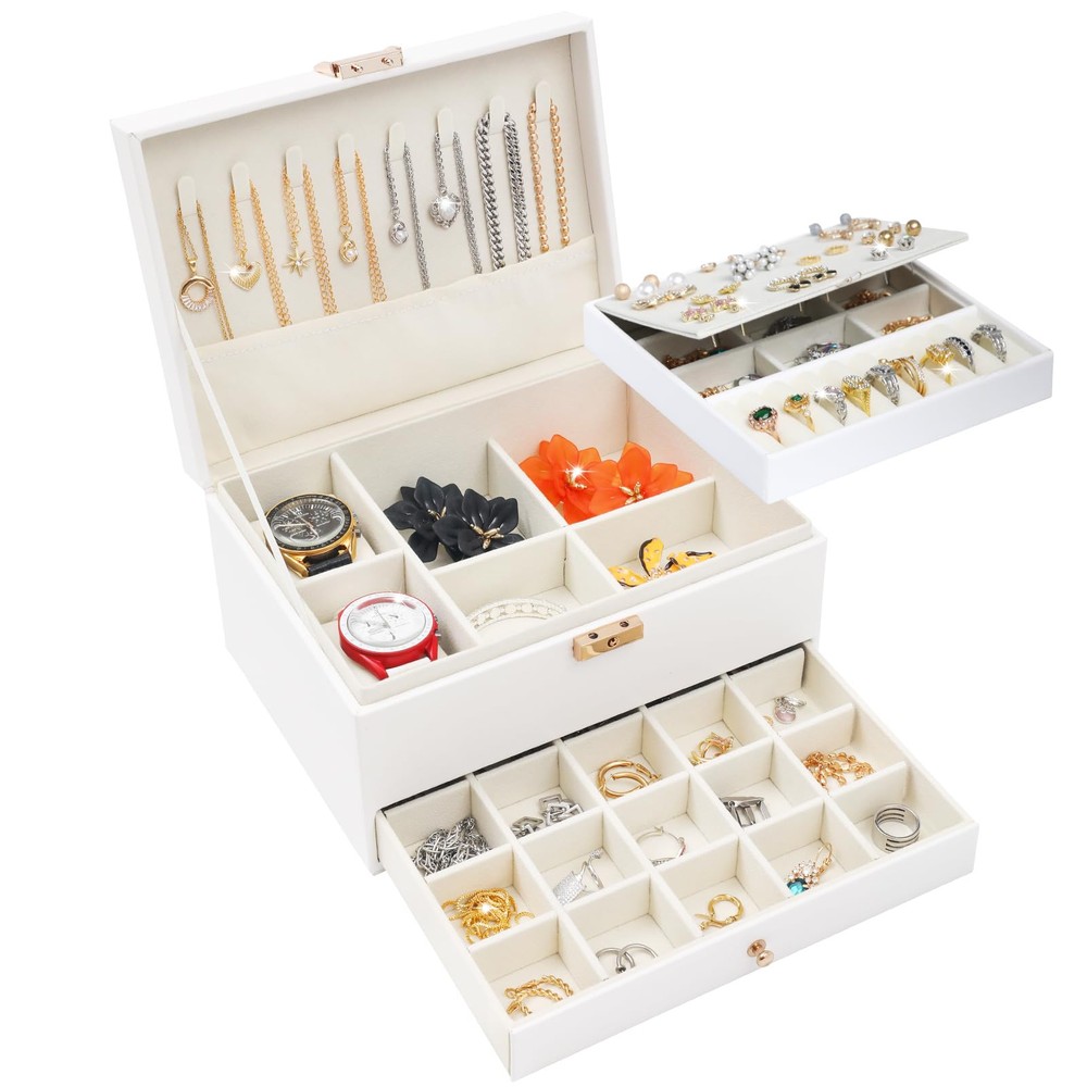 3 Layers Jewelry Box, White Jewelry Boxes for Women with Drawer, Jewelry Orga...