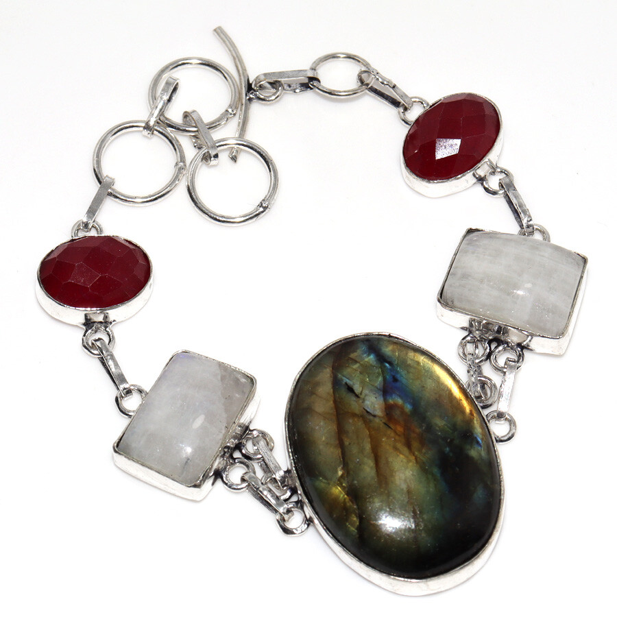 925 Silver Plated Fiery Labradorite Rainbow Moonstone Bracelet Size 8.5