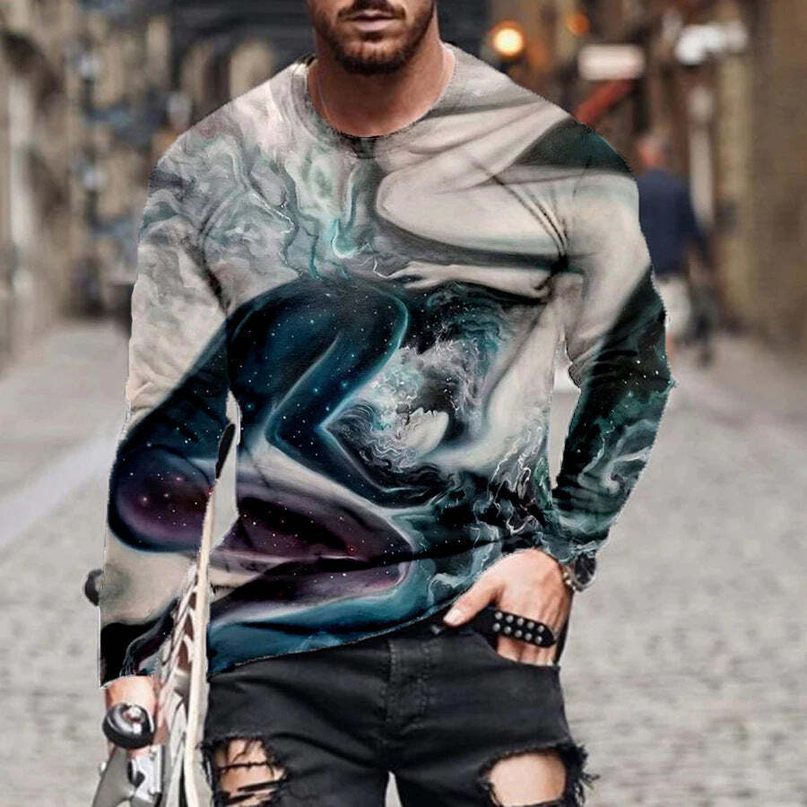 Men's Summer Loose Round Neck Digital Printing Long-sleeved T-shirt Top Men Casu