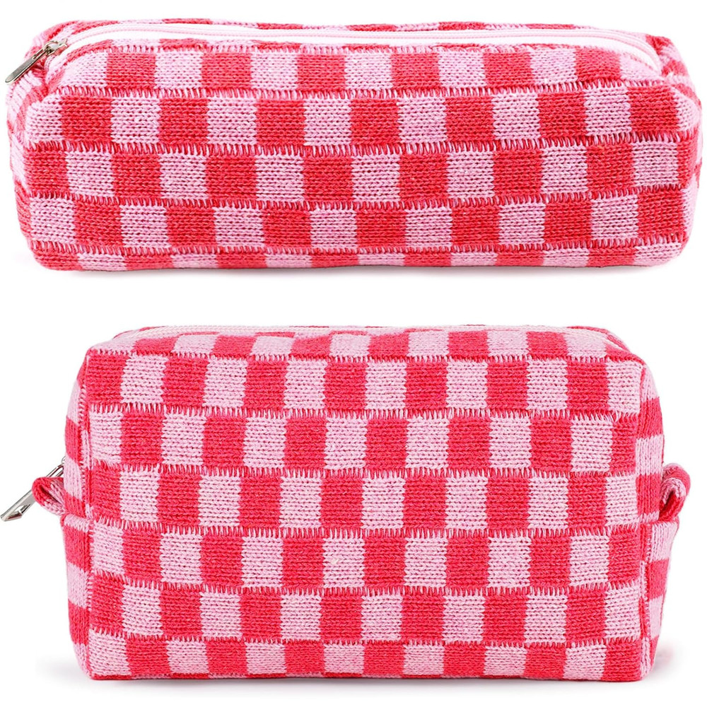 ZLFSRQ 2Pcs Checkered Makeup Bag for Women Cute BH-Checkered Mix Pink