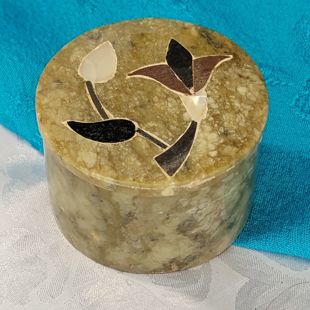 Vintage Soapstone Jewelry Box with Mother of Pearl Floral Inlay