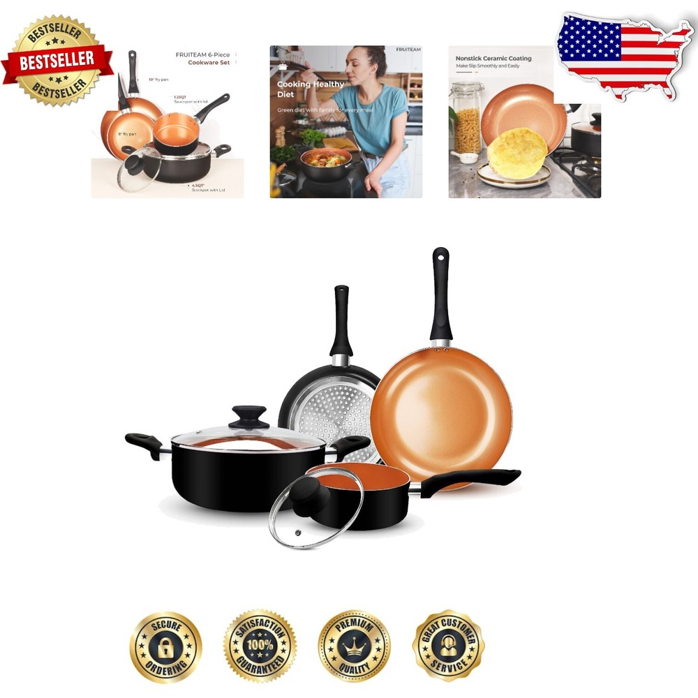 Versatile Copper Aluminum 6-Piece Cookware Set with Glass Lids - Dishwasher Safe