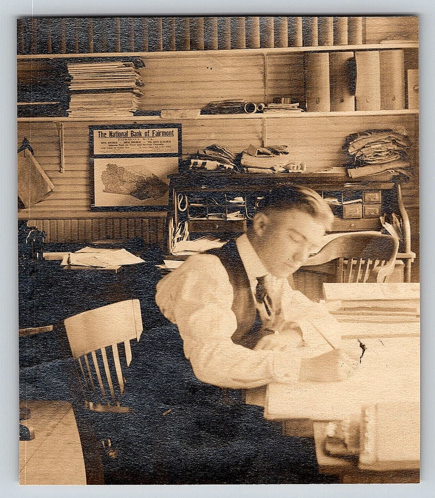 VINTAGE OLD INDOOR REAL PHOTO MAN BANK OFFICE DESK CHAIR BUILDING WEST VIRGINIA