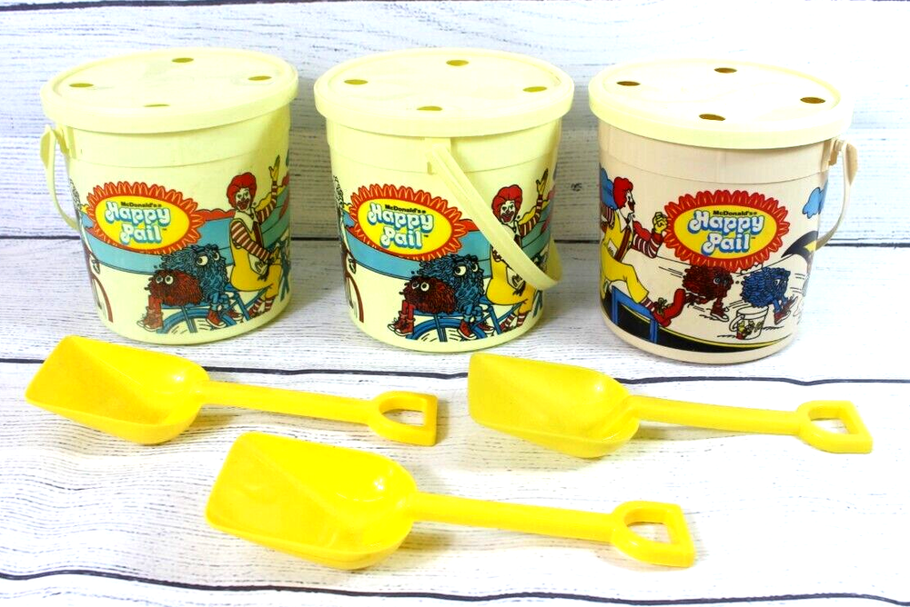 Vintage 3 1984 McDonalds Olympic Happy Meal Pail Bucket Shovel Cycling