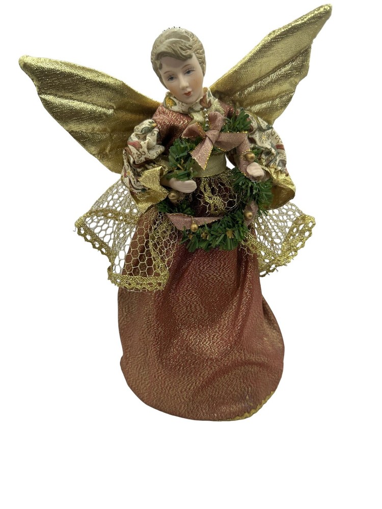 Vintage Porcelain Christmas Tree Top Angel Victorian Print Dress Gold Wings 10”