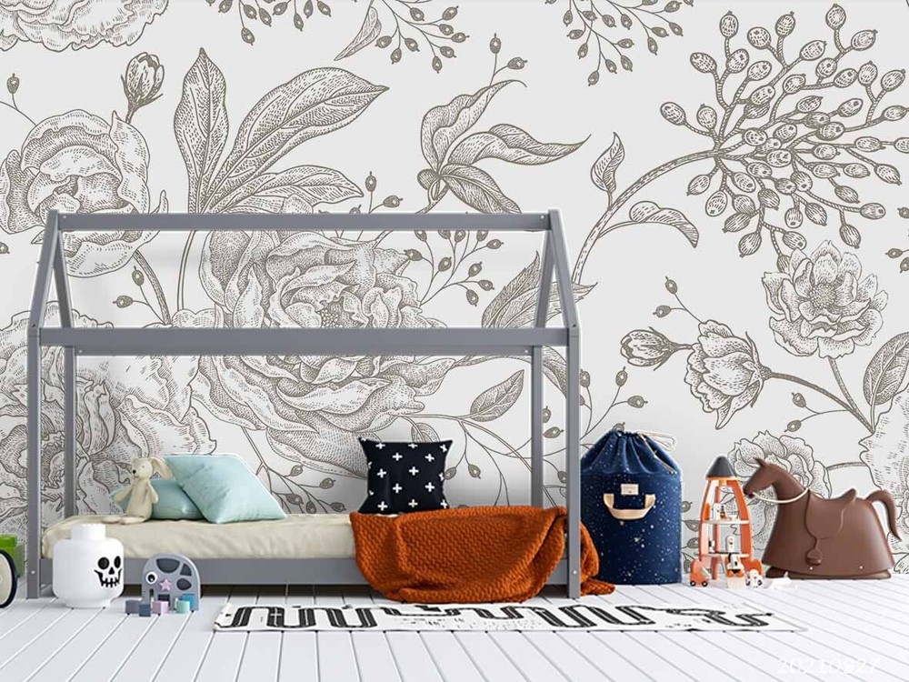 3D Hand Drawn Grey Floral Wall Murals Wallpaper Murals Wall Sticker 122