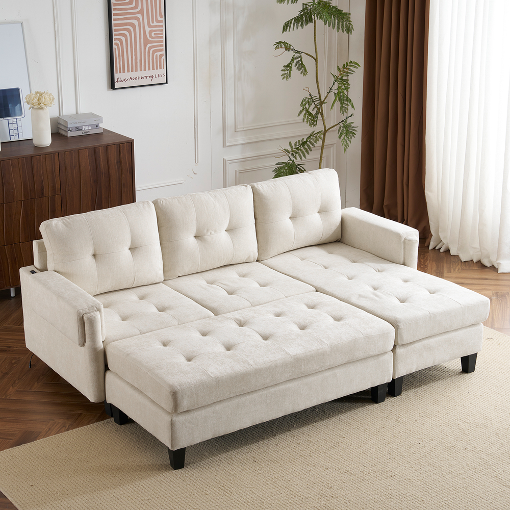 83.4 Inch L-Shaped Sectional Sofa Bed with USB Ports and Movable Ottoman  