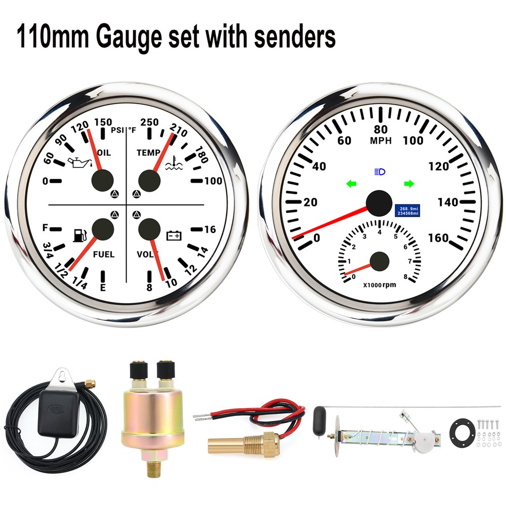 110mm GPS Speedometer 0-160MPH with Tachometer & 4-in-1 Gauge Set Including Senders  