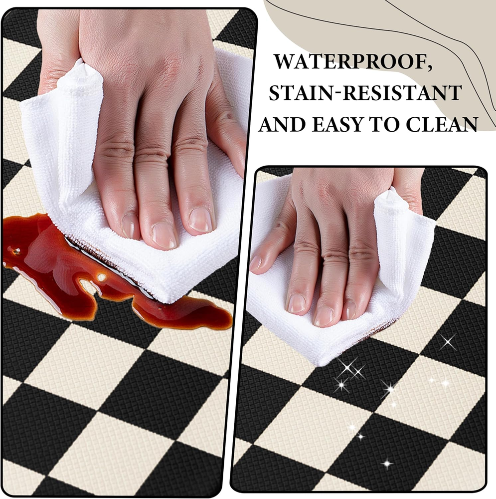 Beige Black Checkered Grid Checkerboard Kitchen Rug Sets [2 Pcs], Anti-Fatigu...