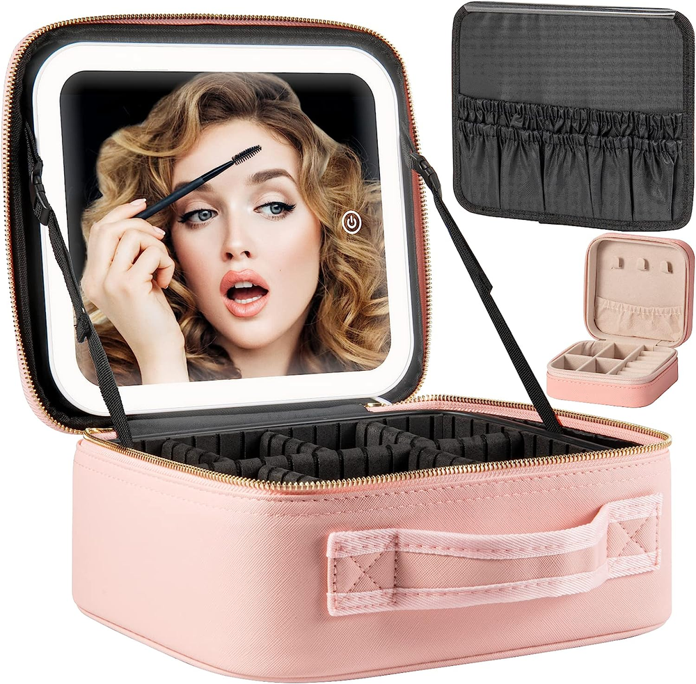 Makeup Travel Train Case with Mirror LED Light 3 Adjustable Brightness Cosmetic