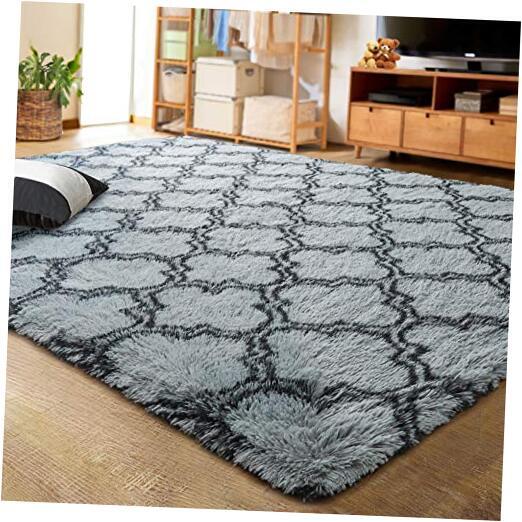 LOCHAS Luxury Shag Area Rug Geometric Plush Fluffy Rugs, 6x9 Feet Grey/Black