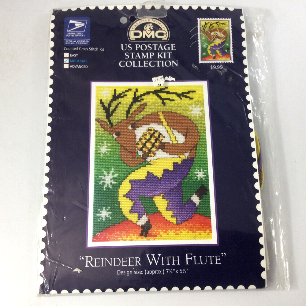 Counted Cross Stitch US Postage Stamp Kit Collection Reindeer with Flute 7 x 5