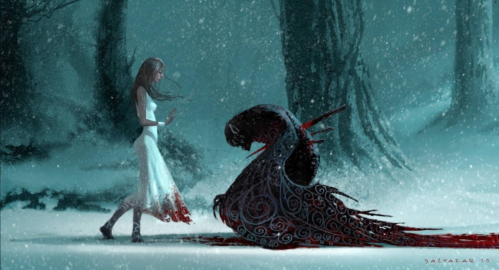 Anime fantasy art creature snow dress girl blood trees Play Gaming Mat Desk