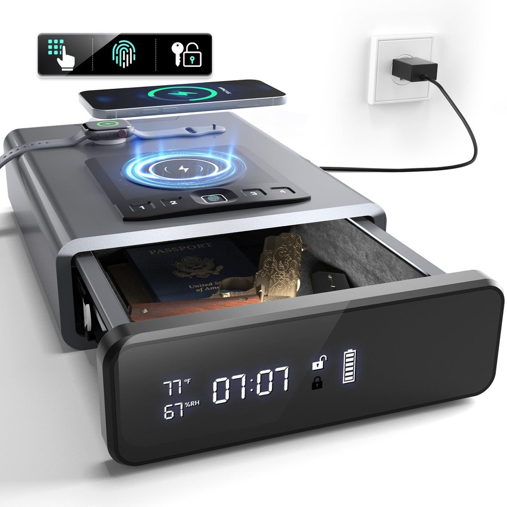 Biometric Gun Safe for Handgun, Smart Clock Safe with 2-in-1 Watch & Phone Wi...-image