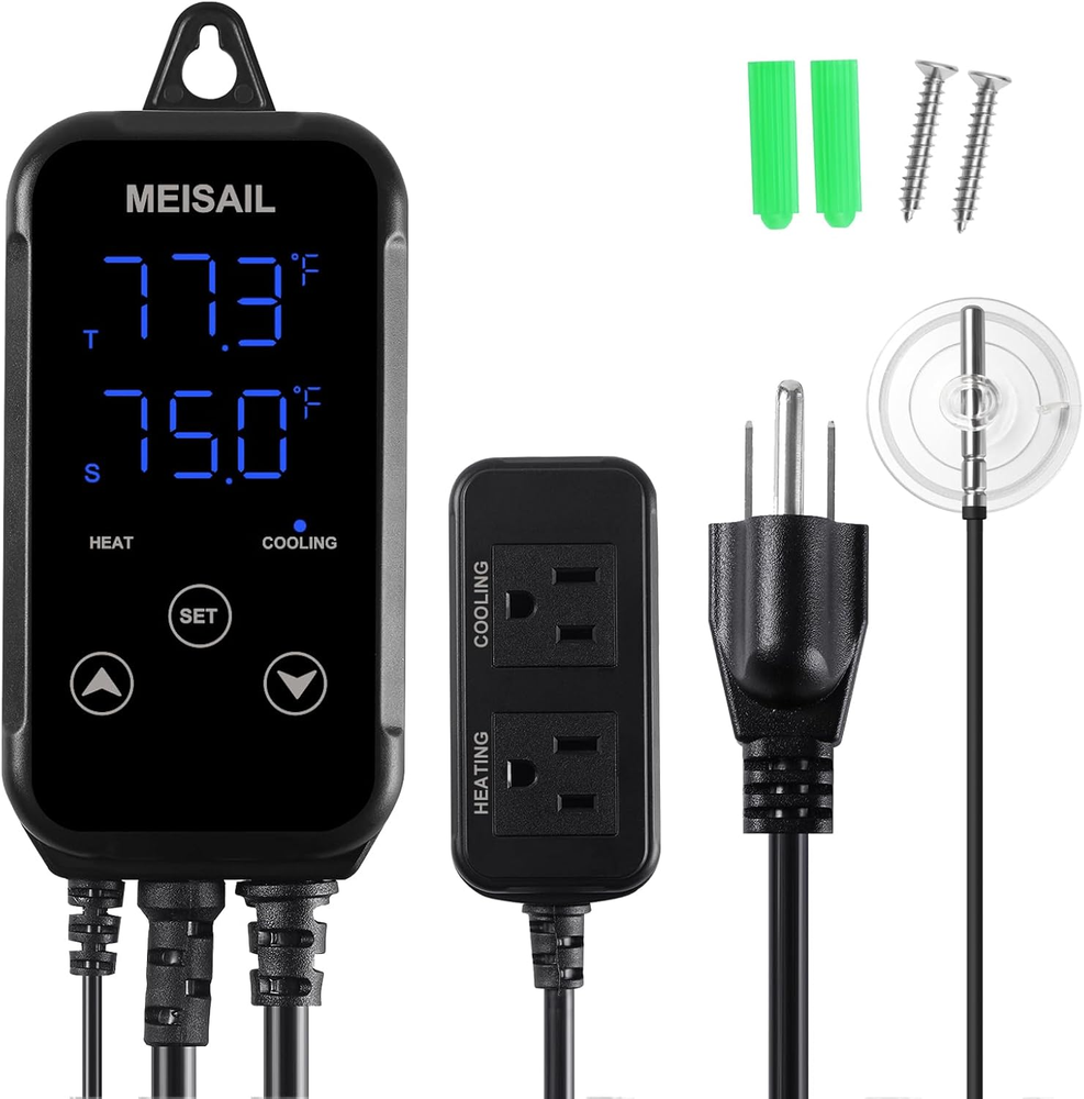 Digital Temperature Controller 2-Stage Outlet Thermostat Heating and Cooling 10A