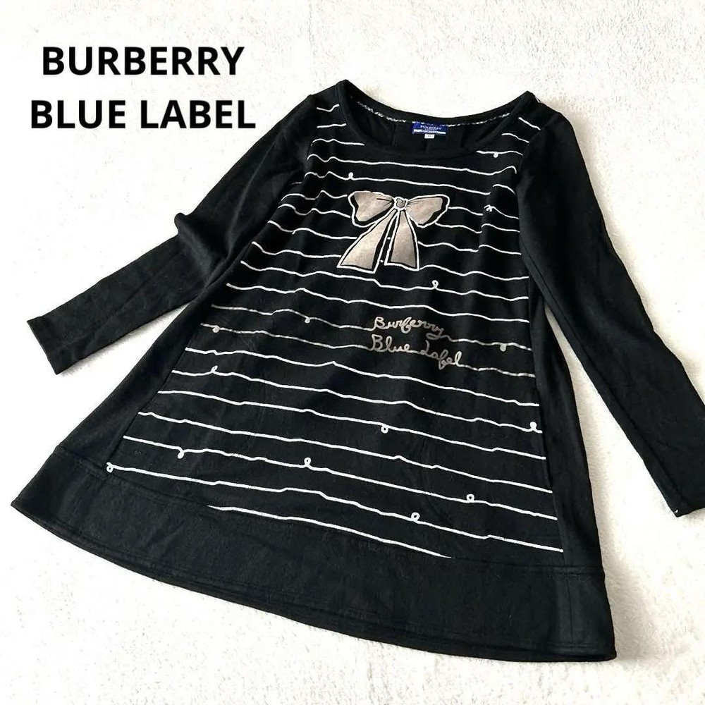 Burberry Blue Label Knit Dress Wool Black Logo Long Sleeve Size 38 M