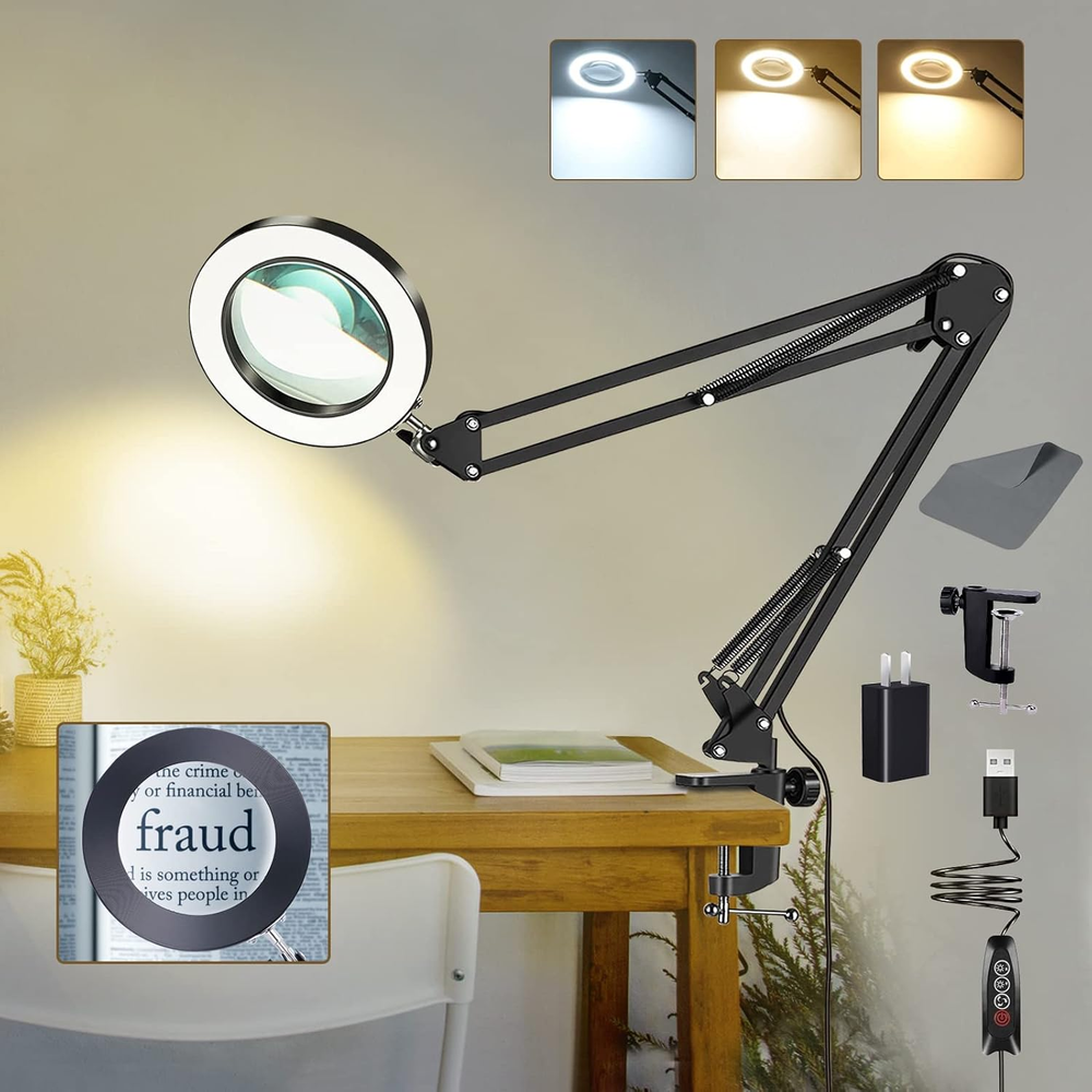 10X Lighted Magnifying Glass Lamp with 3 Color Modes, 72 Leds and Real Glass Len