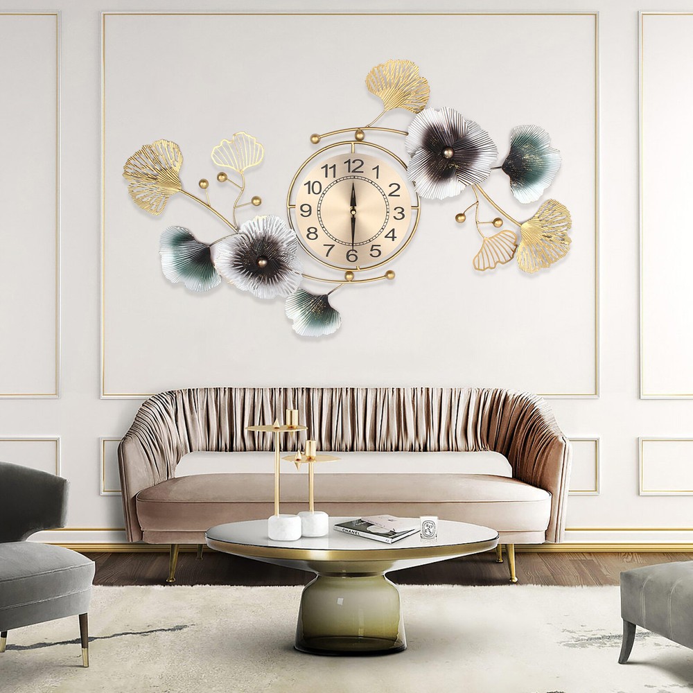 NEW 90*45cm Large Wall Clock Ginkgo Leaf Metal Wall Watch Living Room Home Decor