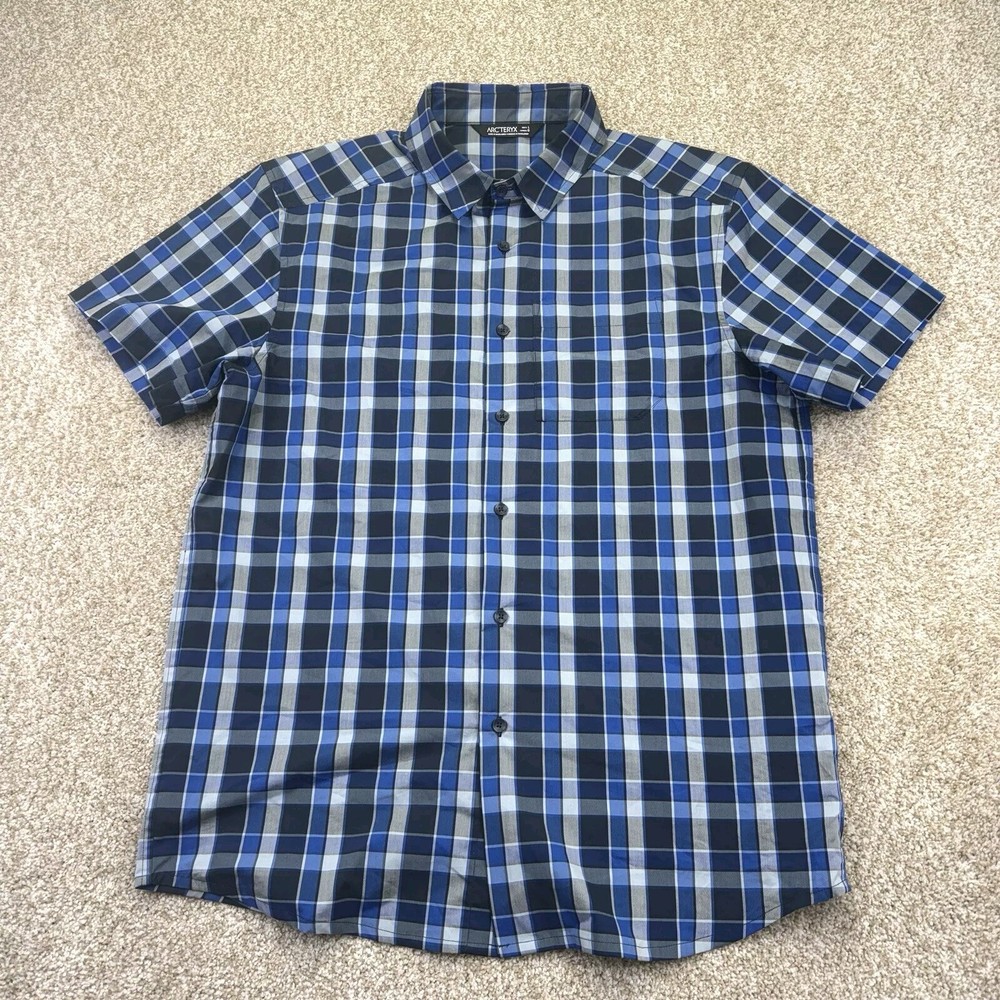 ARC’Teryx Brohm Men’s Short Sleeve Button-Up Shirt Large Blue Gray Check with Pocket