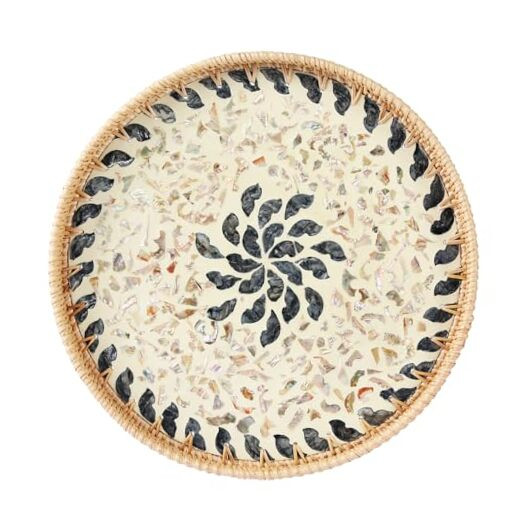14 inch Rattan Serving Tray with Mother of Pearl, Round Coffee Table Tray