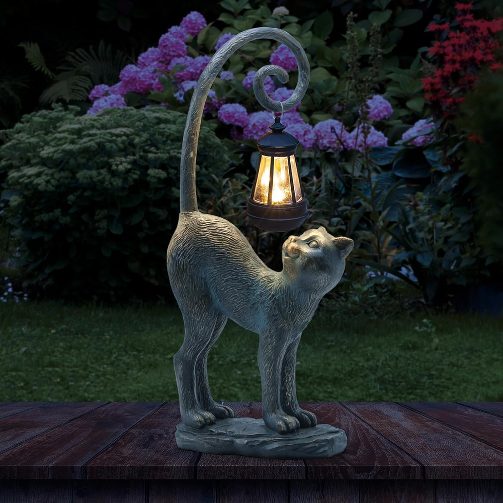 Solar-Powered Resin Cat Statue Garden Decor with Glowing Lantern, 15.3 Inches Tall